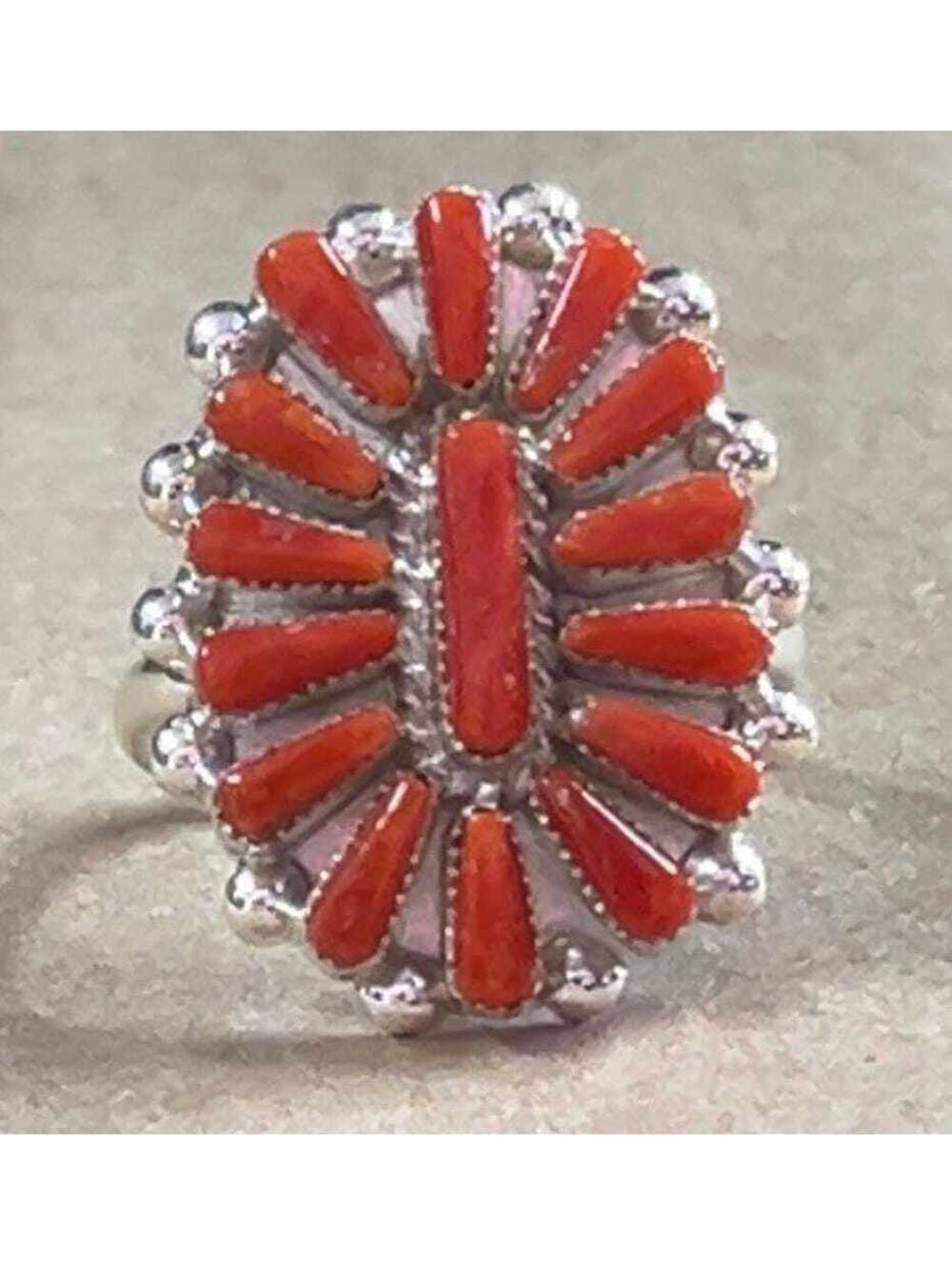 Zuni Native American handmade natural coral sterling silver cluster ring size 9